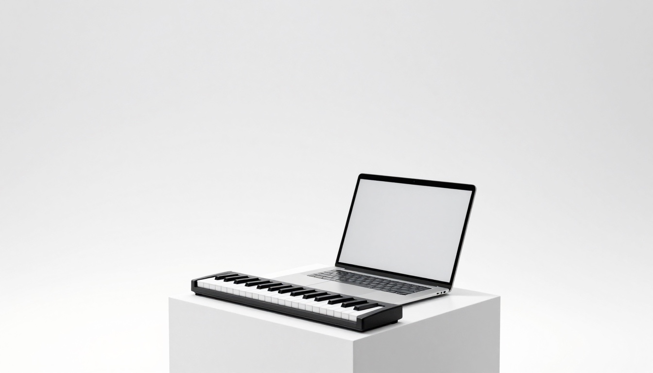 An empty white studio with a small table, an open laptop and a mini keyboard